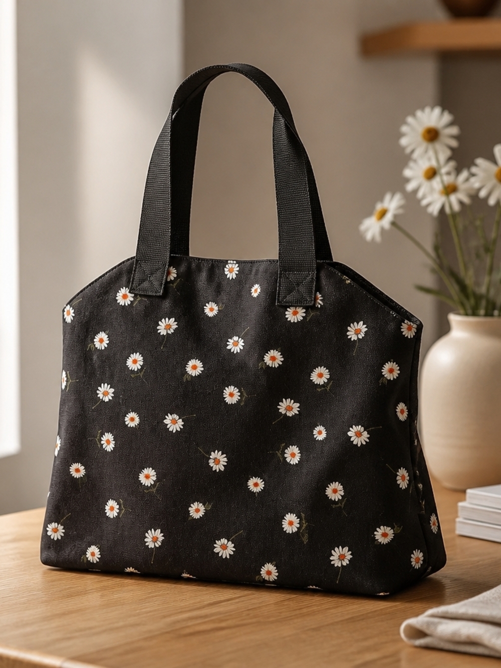 Black Daisy Print Tote Bag - Casual Women's Handbag